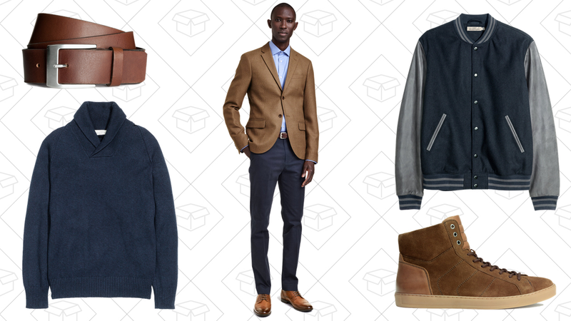 Leather Belt, $7 | Shawl-collar Sweater, $14 | Slim Fit Chinos, $21 | Leather-Sleeve Baseball Jacket, $56 | Suede High Tops, $28
